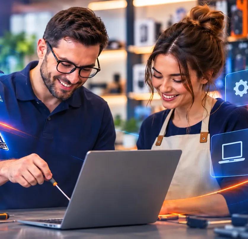 Técnico de Lapcel reparando una laptop junto a una clienta