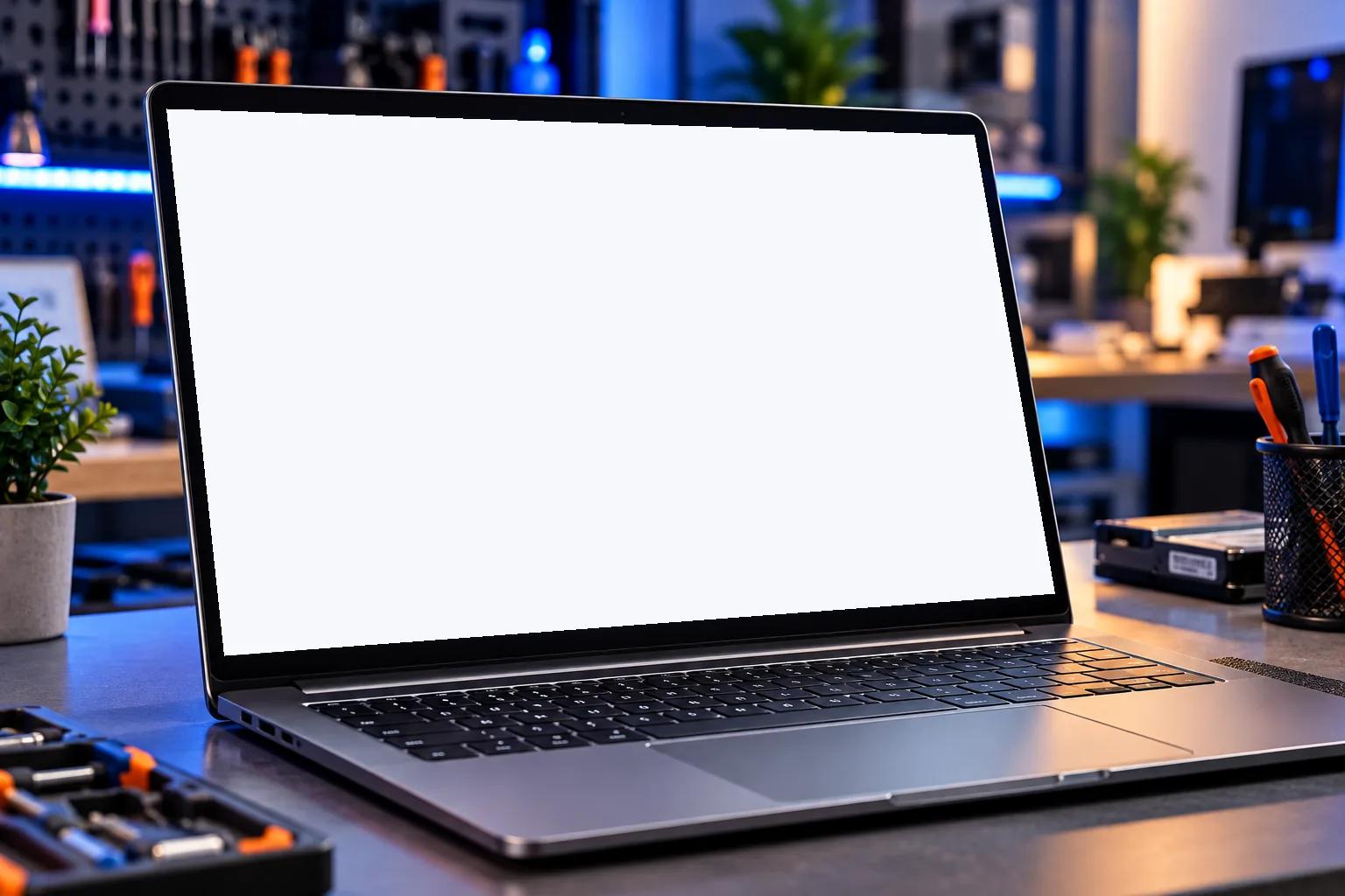 Laptop en el taller de Lapcel mostrando el estado de una reparación